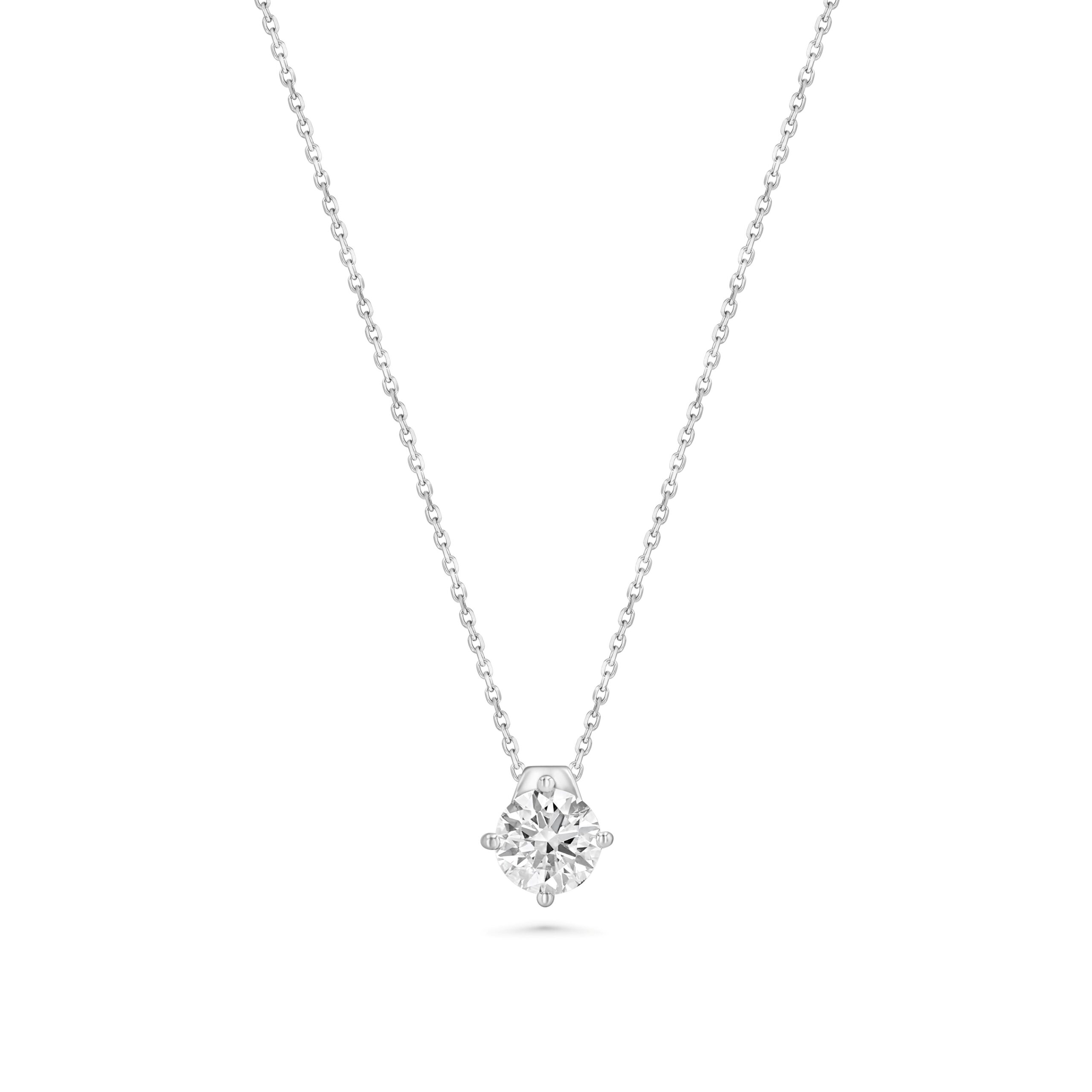 1.01 ct round diamond solitaire pendant necklace in 14K white gold with three‑prong setting on a fine chain by Renacci Jewelry