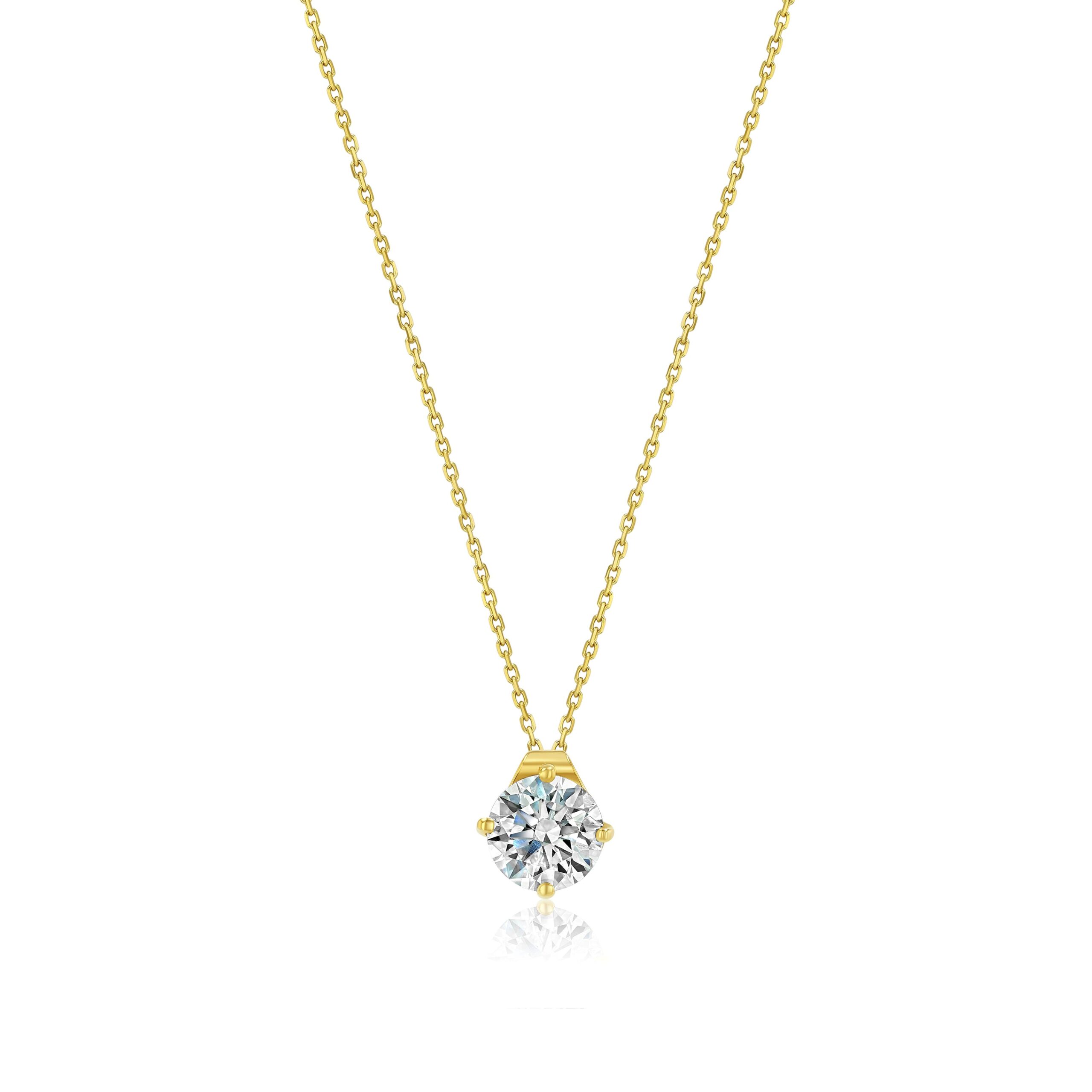 0.50 ct round diamond solitaire pendant necklace in 14K yellow gold with three‑prong setting by Renacci Jewelry