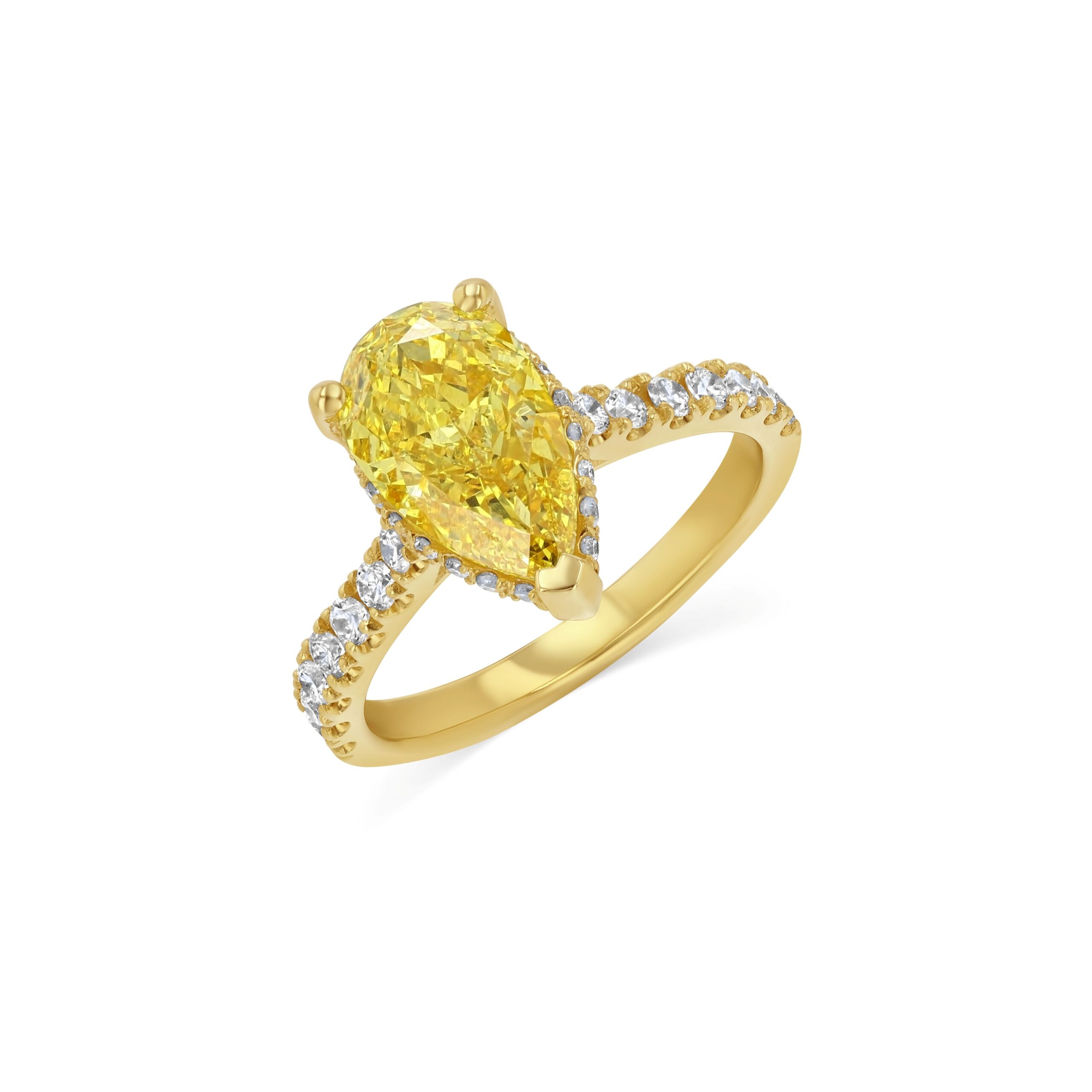 2.51 ct yellow pear shape diamond ring in 14K yellow gold with pave round diamond band by Renacci Jewelry